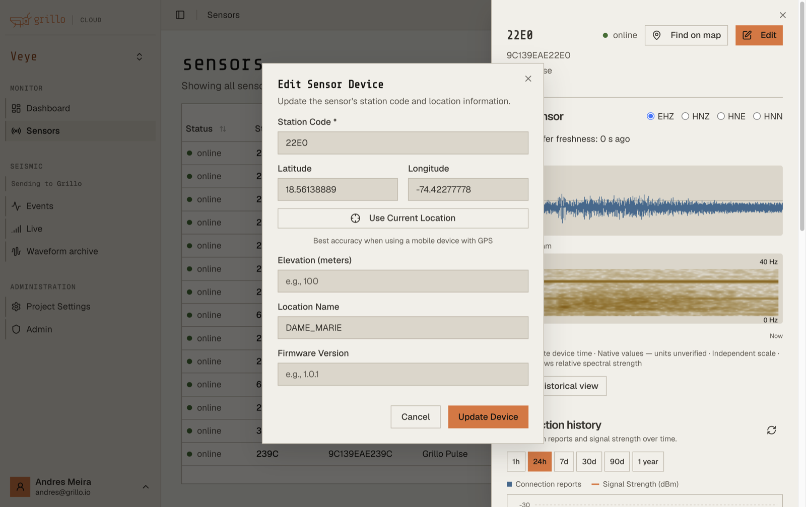 Edit sensor dialog in Grillo Cloud