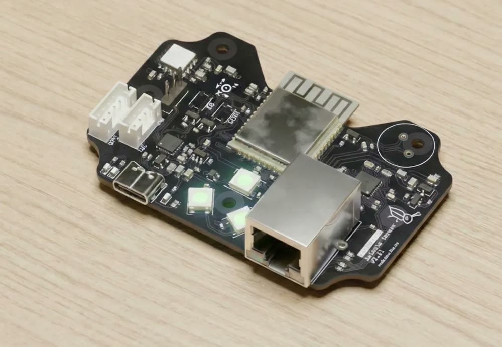 The Grillo One circuit board, with its USB-C power port, Ethernet port, and three status lights