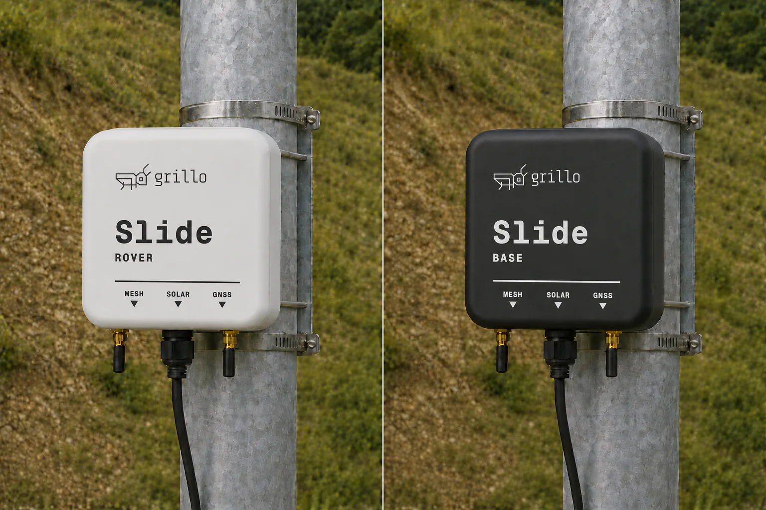 A white Grillo Slide rover and a black Grillo Slide base, each mounted on a post