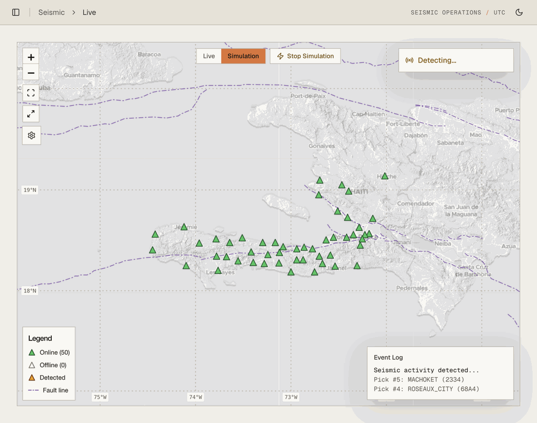 A simulated earthquake on the live map: stations detect it, the event is located, and the P-wave and S-wave fronts spread out while panels show the magnitude, estimated arrival times, and affected cities
