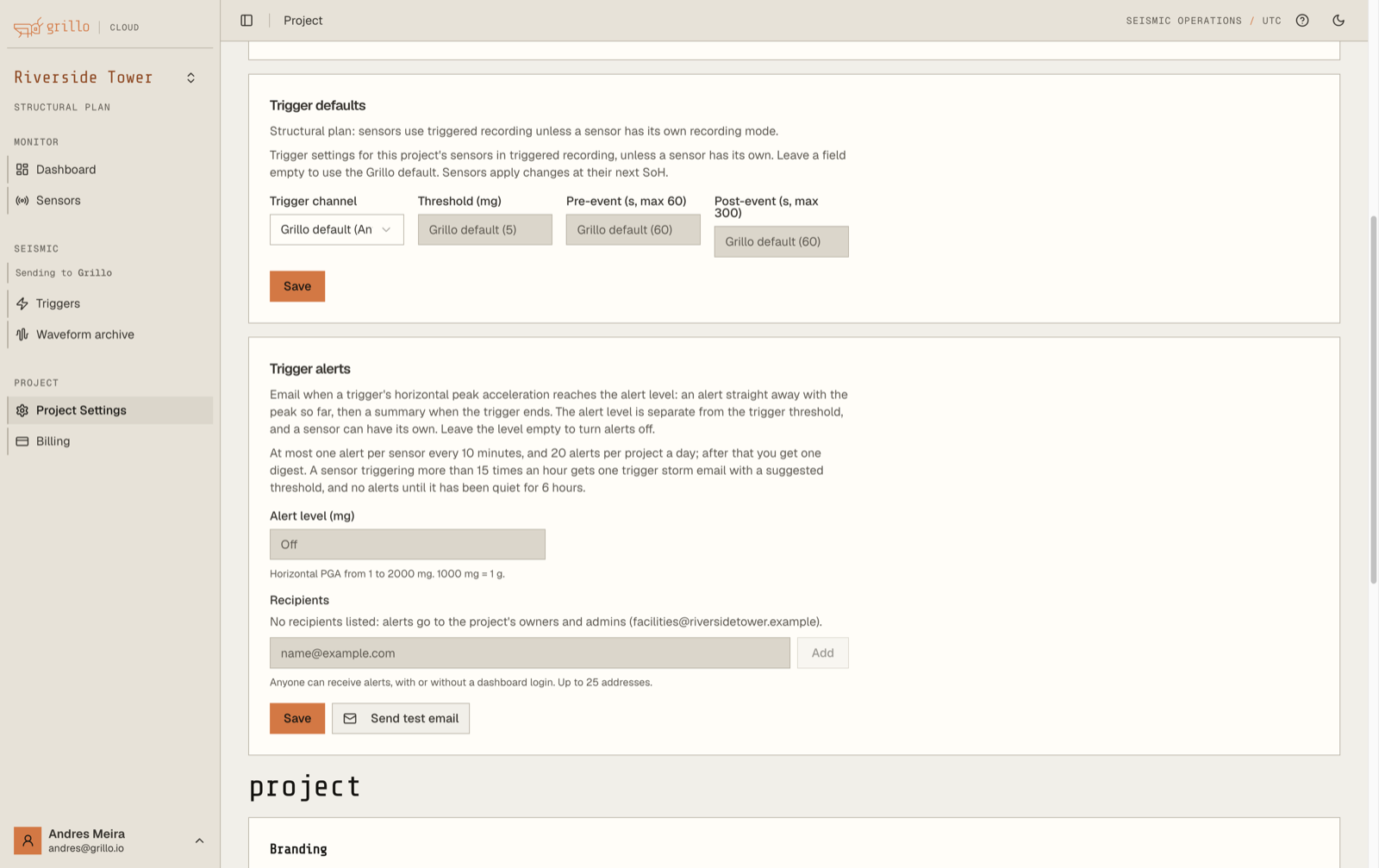 Trigger defaults and Trigger alerts in Project Settings