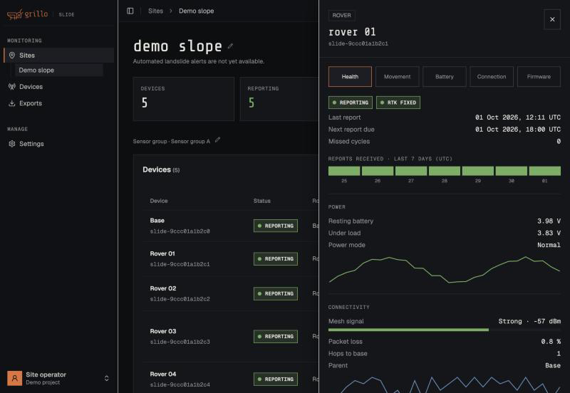 The Health tab for a rover, with report history, battery, and mesh signal (demo data)