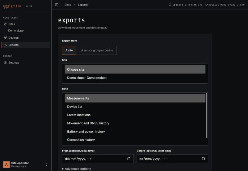 The Exports page with the site and dataset choices (demo data)